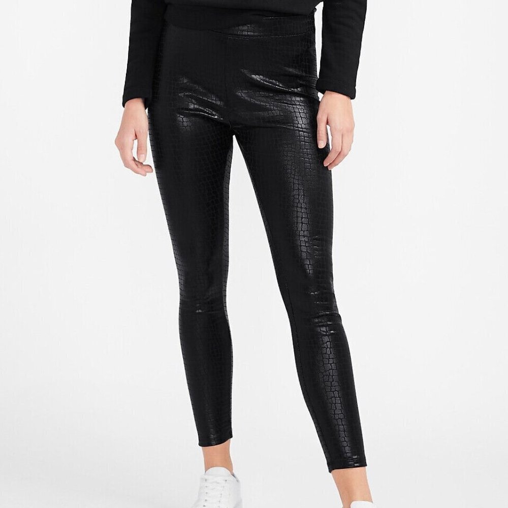 Express Black Croc Embossed Shiny Faux Leather Leggings